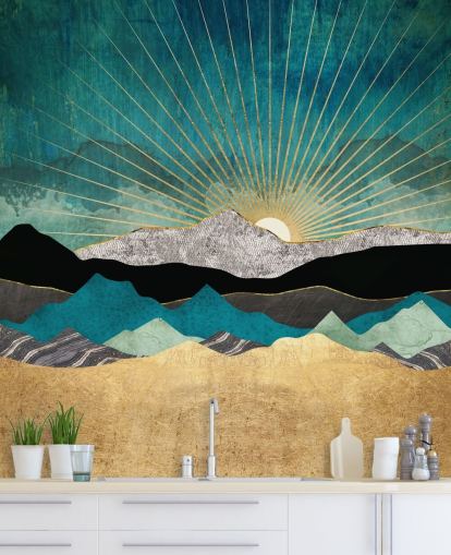 gouden en blauwgroene abstracte bergbehangmuurschildering genaamd Peacock Vista van SpaceFrog Designs voor kantoren, slaapkamers en badkamers gouden en blauwgroene abstracte bergbehangmuurschildering genaamd Peacock Vista van SpaceFrog Designs voor kantoren, slaapkamers en badkamers