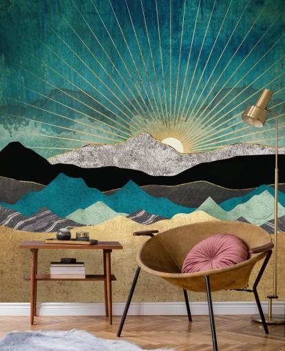 gull og blågrønn abstrakt fjelltapet veggmaleri kalt Peacock Vista av SpaceFrog Design for kontorer, soverom og bad gull og blågrønn abstrakt fjelltapet veggmaleri kalt Peacock Vista av SpaceFrog Design for kontorer, soverom og bad