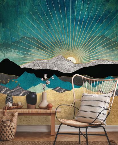 kultainen ja sinivihreä abstrakti vuoristotapettiseinämaalaus nimeltä Peacock Vista by SpaceFrog Designs toimistoihin, makuuhuoneisiin ja kylpyhuoneisiin