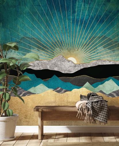 kultainen ja sinivihreä abstrakti vuoristotapettiseinämaalaus nimeltä Peacock Vista by SpaceFrog Designs toimistoihin, makuuhuoneisiin ja kylpyhuoneisiin