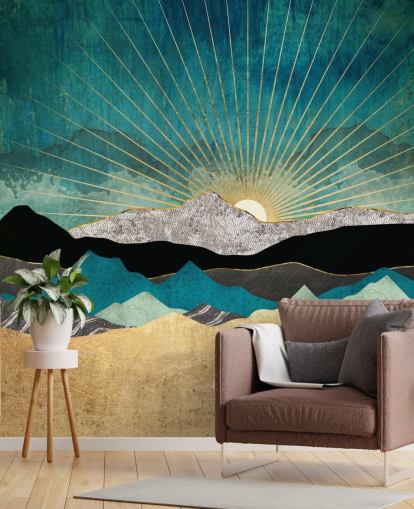 gold and teal abstract mountain wallpaper mural called Peacock Vista by SpaceFrog Designs for offices, bedrooms and bathrooms