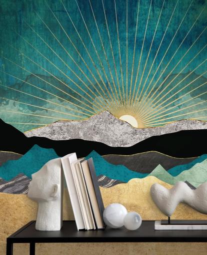 papier peint mural de montagne abstrait doré et bleu sarcelle appelé Peacock Vista par SpaceFrog Designs pour les bureaux, les chambres et les salles de bain papier peint mural de montagne abstrait doré et bleu sarcelle appelé Peacock Vista par SpaceFrog Designs pour les bureaux, les chambres et les salles de bain