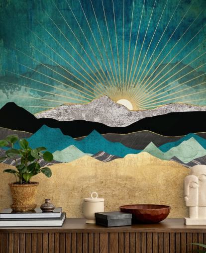 guld och kricka abstrakt bergtapet väggmålning kallad Peacock Vista av SpaceFrog Design för kontor, sovrum och badrum