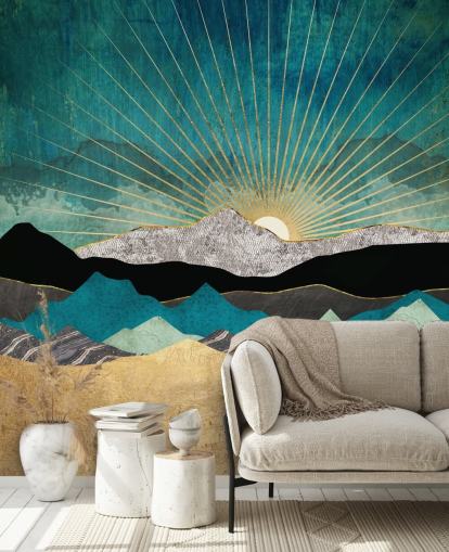 abstrakte Bergtapete in Gold und Blaugrün namens Peacock Vista von SpaceFrog Designs für Büros, Schlafzimmer und Badezimmer