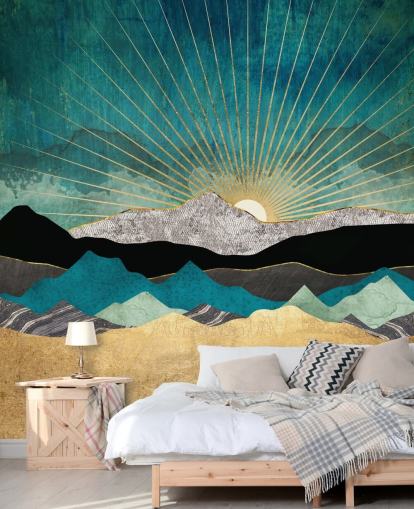 mural abstrato de papel de parede de montanha dourado e verde-azulado chamado Peacock Vista da SpaceFrog Designs para escritórios, quartos e banheiros