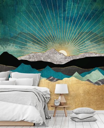 guld och kricka abstrakt bergtapet väggmålning kallad Peacock Vista av SpaceFrog Design för kontor, sovrum och badrum