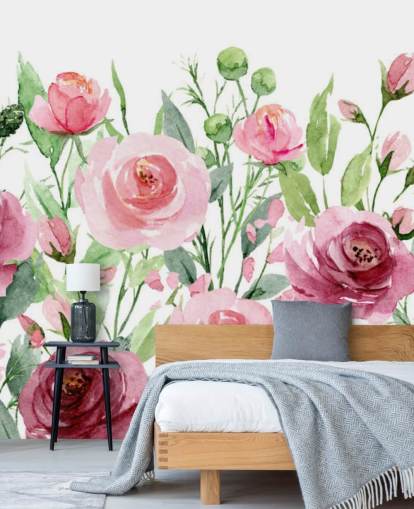 Målade rosa rosor med gröna blad Bakgrund Målade rosa rosor med gröna blad Bakgrund