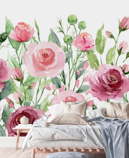 Geschilderde roze rozen met groene bladeren behang Geschilderde roze rozen met groene bladeren behang
