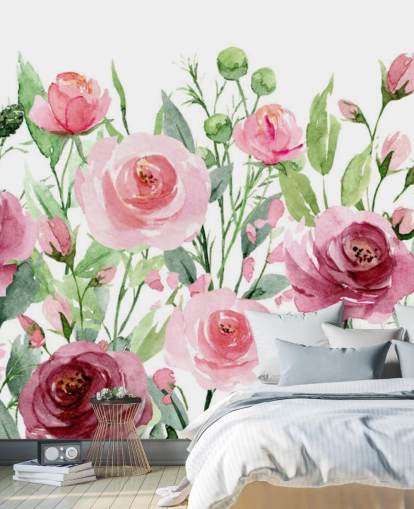 Bemalte rosa Rosen mit grünen Blättern bemalte Tapete Bemalte rosa Rosen mit grünen Blättern bemalte Tapete