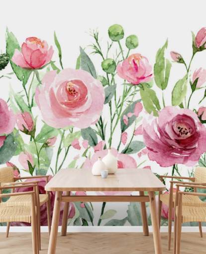 Papel pintado Rosas rosadas con hojas verdes Papel pintado Rosas rosadas con hojas verdes