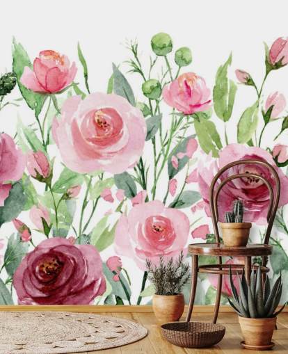Papel de parede de rosas rosa pintadas com folhas verdes