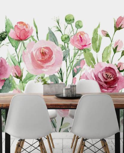Papel de parede de rosas rosa pintadas com folhas verdes