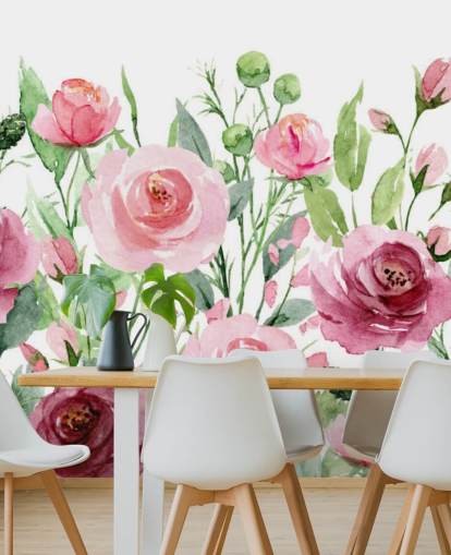 Papier Peint Roses Peintes avec Feuilles Vertes Papier Peint Roses Peintes avec Feuilles Vertes