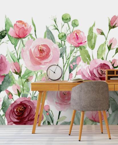 Papel pintado Rosas rosadas con hojas verdes