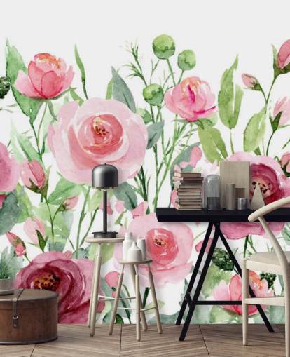 Papel pintado Rosas rosadas con hojas verdes