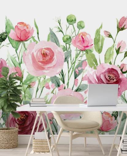 Bemalte rosa Rosen mit grünen Blättern bemalte Tapete Bemalte rosa Rosen mit grünen Blättern bemalte Tapete