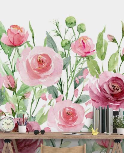 Painted Pink Roses with Green Leaves Wallpaper