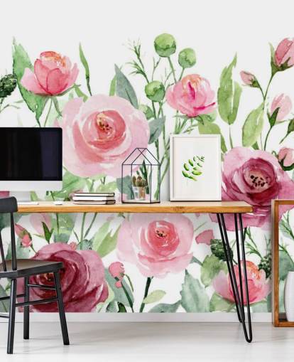 Painted Pink Roses with Green Leaves Wallpaper