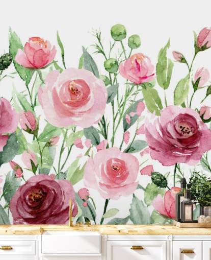 Painted Pink Roses with Green Leaves Wallpaper