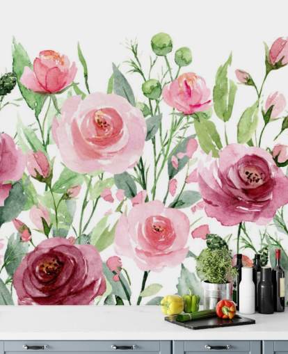 Papel de parede de rosas rosa pintadas com folhas verdes