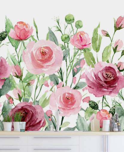 Painted Pink Roses with Green Leaves Wallpaper Painted Pink Roses with Green Leaves Wallpaper