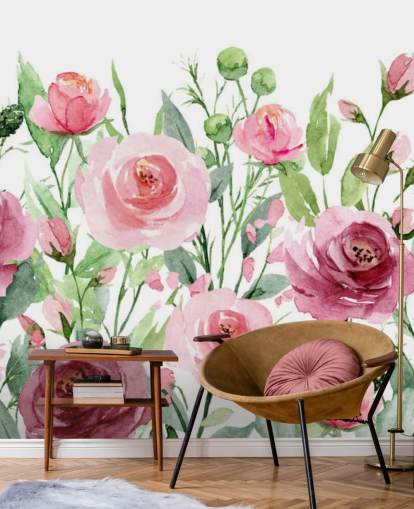Painted Pink Roses with Green Leaves Wallpaper