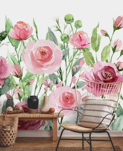 Geschilderde roze rozen met groene bladeren behang