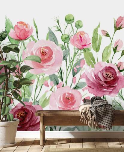 Bemalte rosa Rosen mit grünen Blättern bemalte Tapete