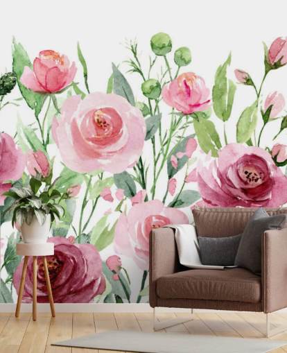 Målade rosa rosor med gröna blad Bakgrund