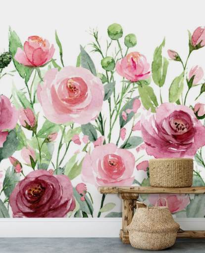 Målade rosa rosor med gröna blad Bakgrund