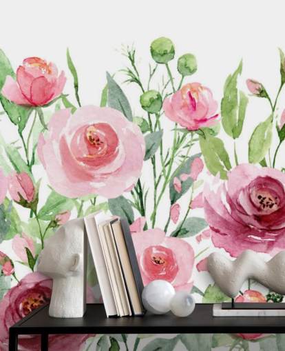 Bemalte rosa Rosen mit grünen Blättern bemalte Tapete