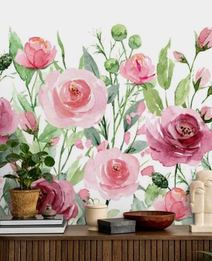 Papel pintado Rosas rosadas con hojas verdes