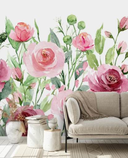 Papel pintado Rosas rosadas con hojas verdes