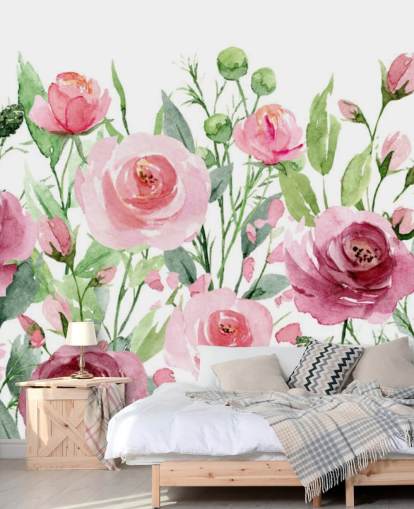 Papel pintado Rosas rosadas con hojas verdes