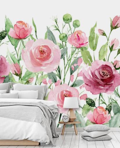 Papel pintado Rosas rosadas con hojas verdes