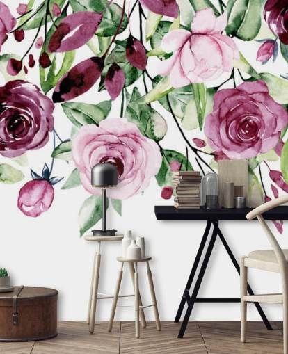 lila Blumen und Blätter hängen Tapete