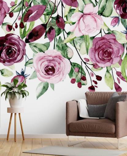 papel pintado colgante de flores y hojas moradas