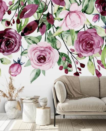 papel pintado colgante de flores y hojas moradas