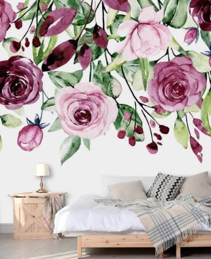 papel pintado colgante de flores y hojas moradas