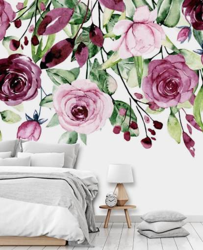 papel pintado colgante de flores y hojas moradas