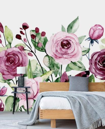 Painted Purple Flowers and Green Leaves Watercolor Wallpaper Painted Purple Flowers and Green Leaves Watercolor Wallpaper