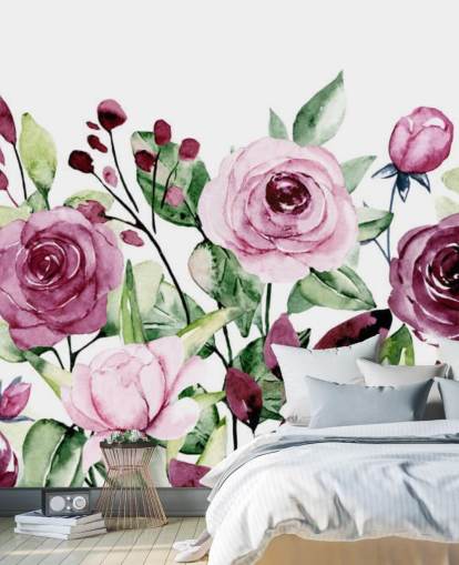 Painted Purple Flowers and Green Leaves Watercolour Wallpaper