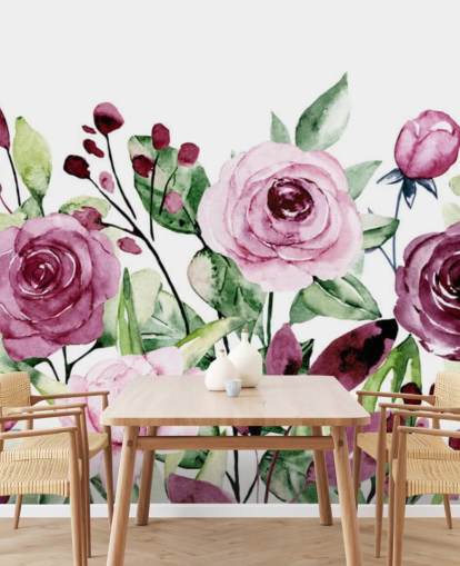 Painted Purple Flowers and Green Leaves Watercolor Wallpaper