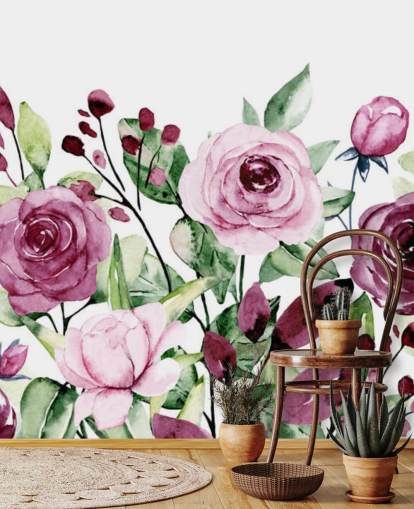 Papier peint aquarelle de fleurs violettes peintes et de feuilles vertes Papier peint aquarelle de fleurs violettes peintes et de feuilles vertes