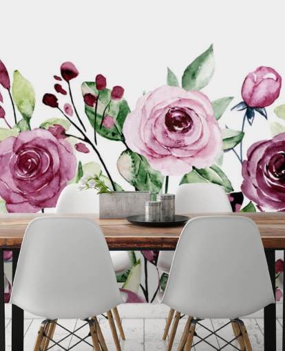 Painted Purple Flowers and Green Leaves Watercolour Wallpaper