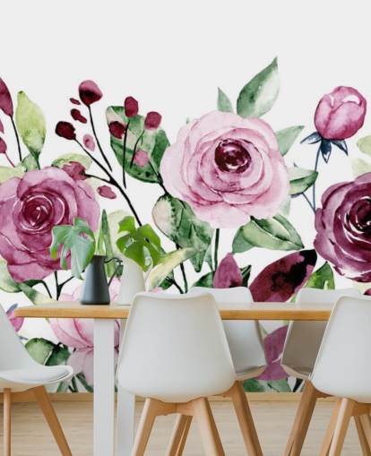 Målade lila blommor och gröna blad akvarell tapet