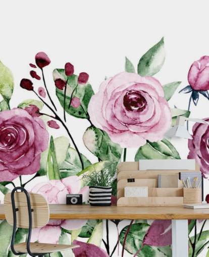 Papier peint aquarelle de fleurs violettes peintes et de feuilles vertes Papier peint aquarelle de fleurs violettes peintes et de feuilles vertes