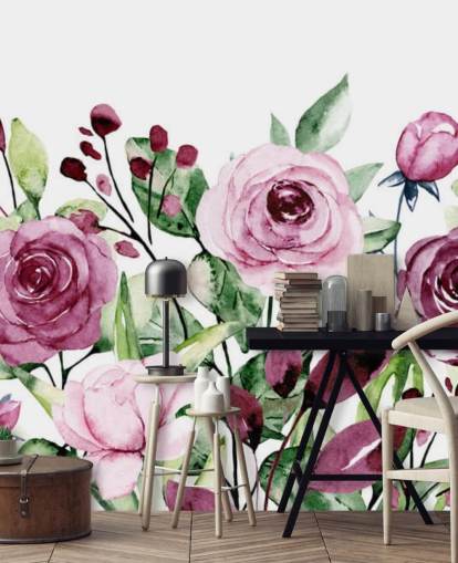 Painted Purple Flowers and Green Leaves Watercolour Wallpaper