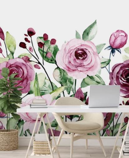 Painted Purple Flowers and Green Leaves Watercolour Wallpaper