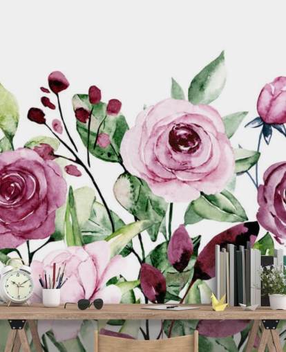 Painted Purple Flowers and Green Leaves Watercolour Wallpaper